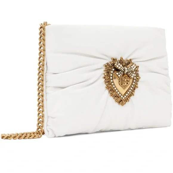 NWT Authentic Dolce & Gabbana Devotion White Leather Heart Bag Gold Chain Pearl - Picture 2 of 14